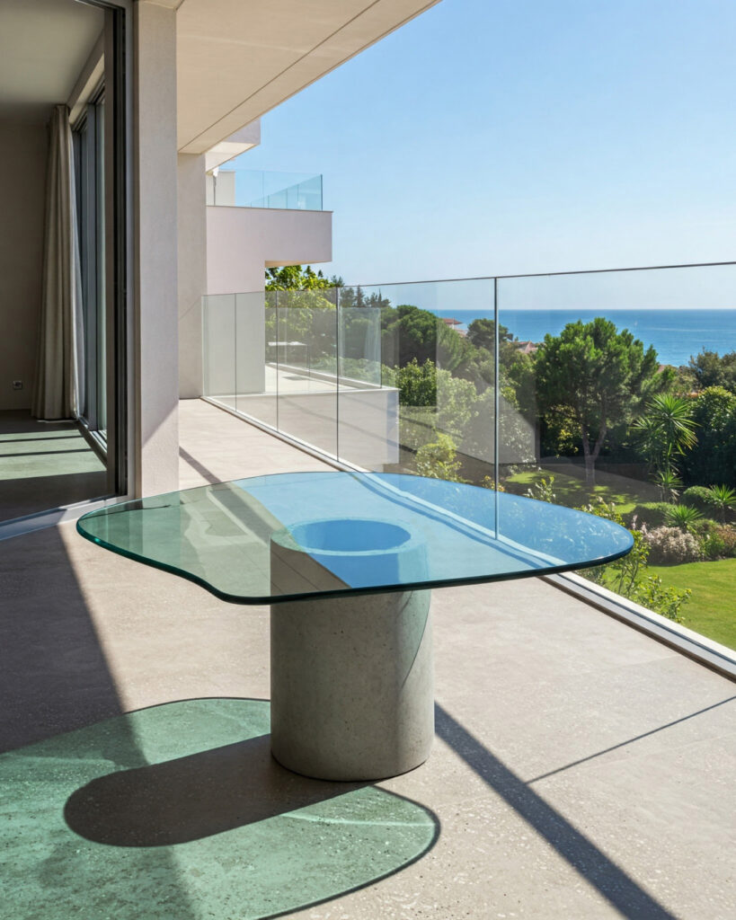 glass table with concrete leg