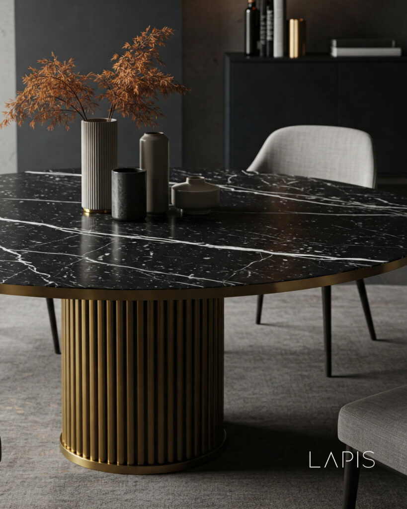 black marble table with brass elements