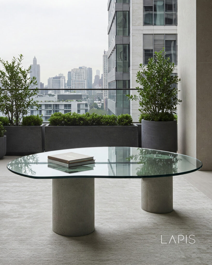 Glass table on a balcony