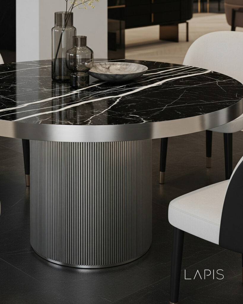 black marble table with silver finish