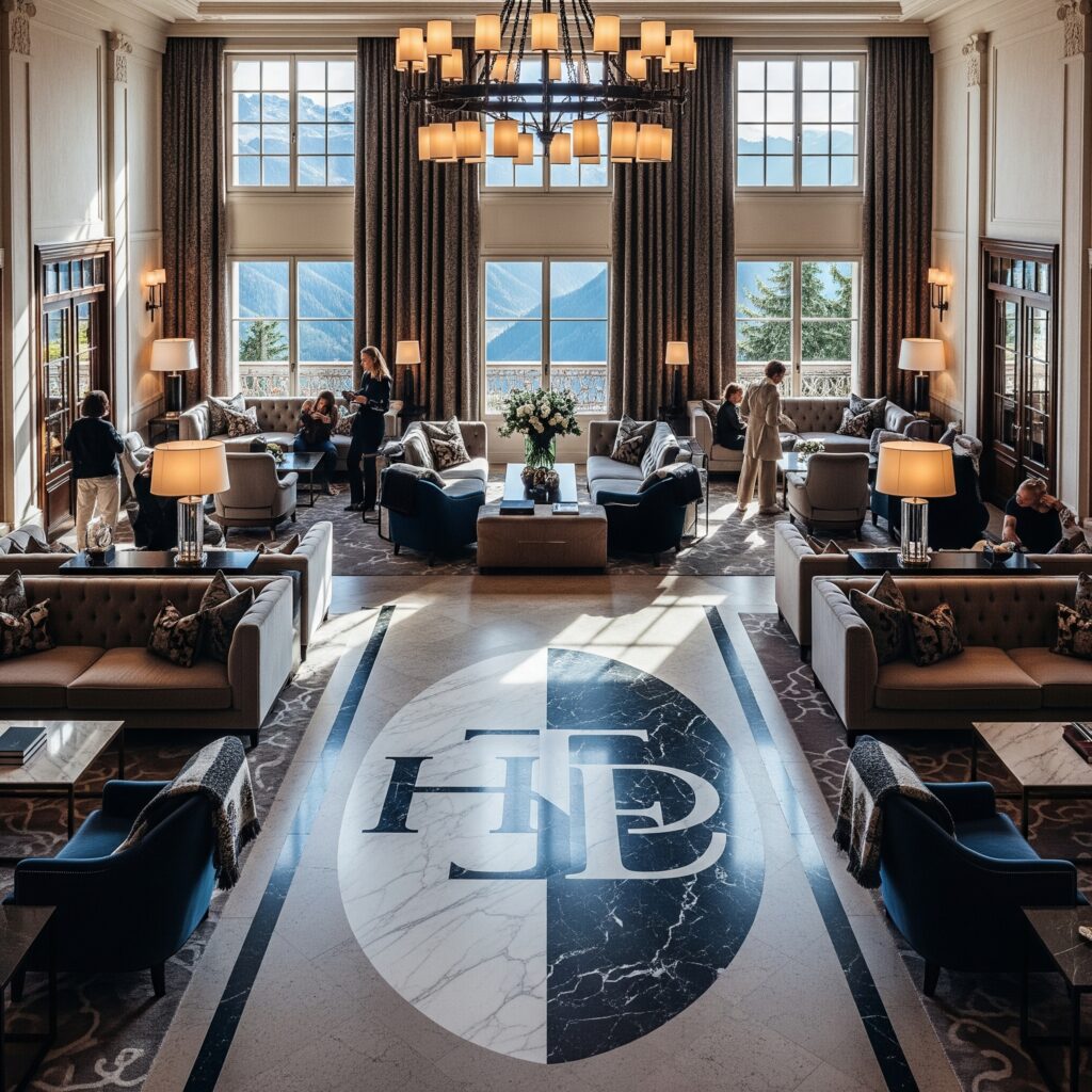 hotel lobby with custom made logo in stone