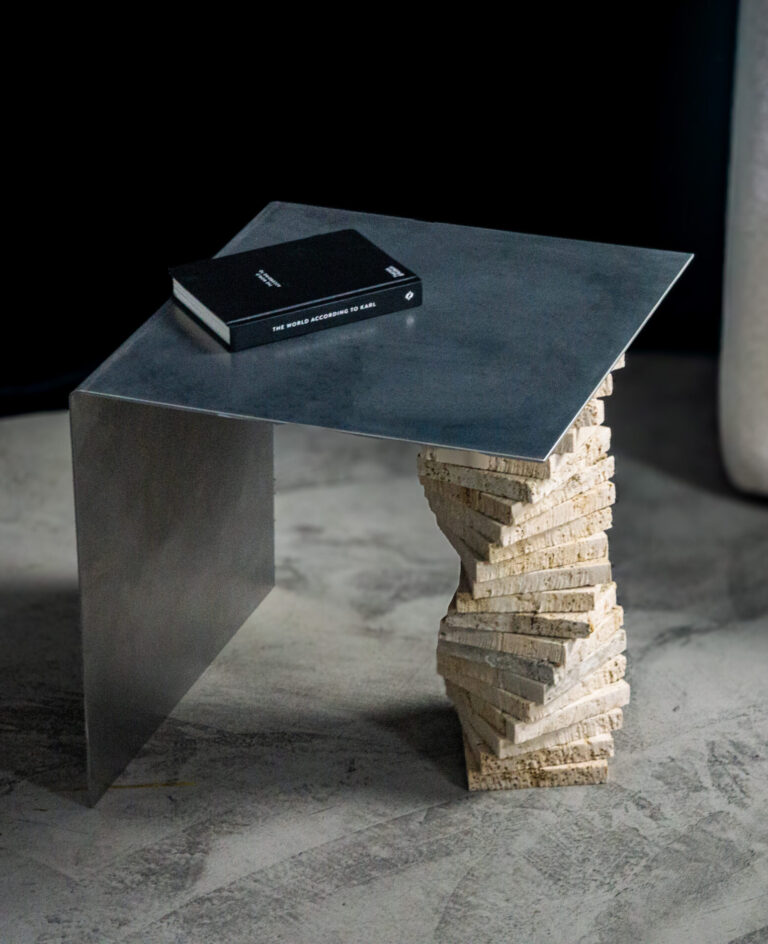 travertine and steel side table